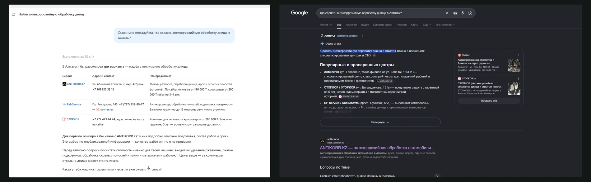antikorr.kz одновременно в ответе ChatGPT и в «Обзоре от ИИ» Google по запросу про антикоррозийную обработку днища в Алматы