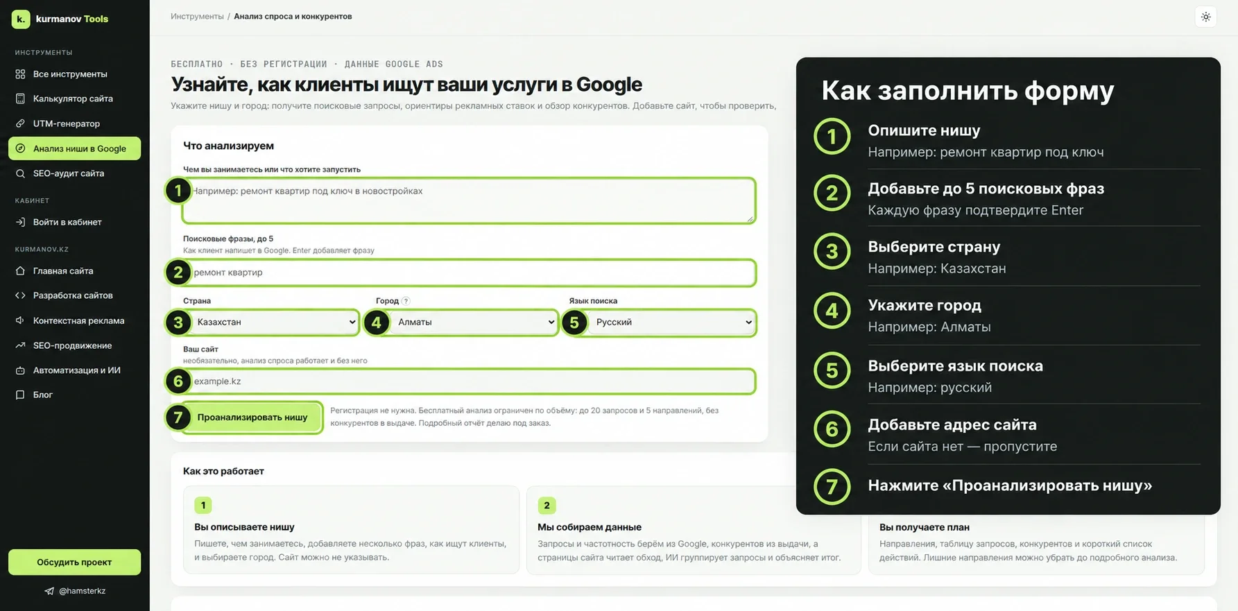 Форма бесплатного анализа ниши в Google: ниша, поисковые фразы, страна, город, язык и сайт